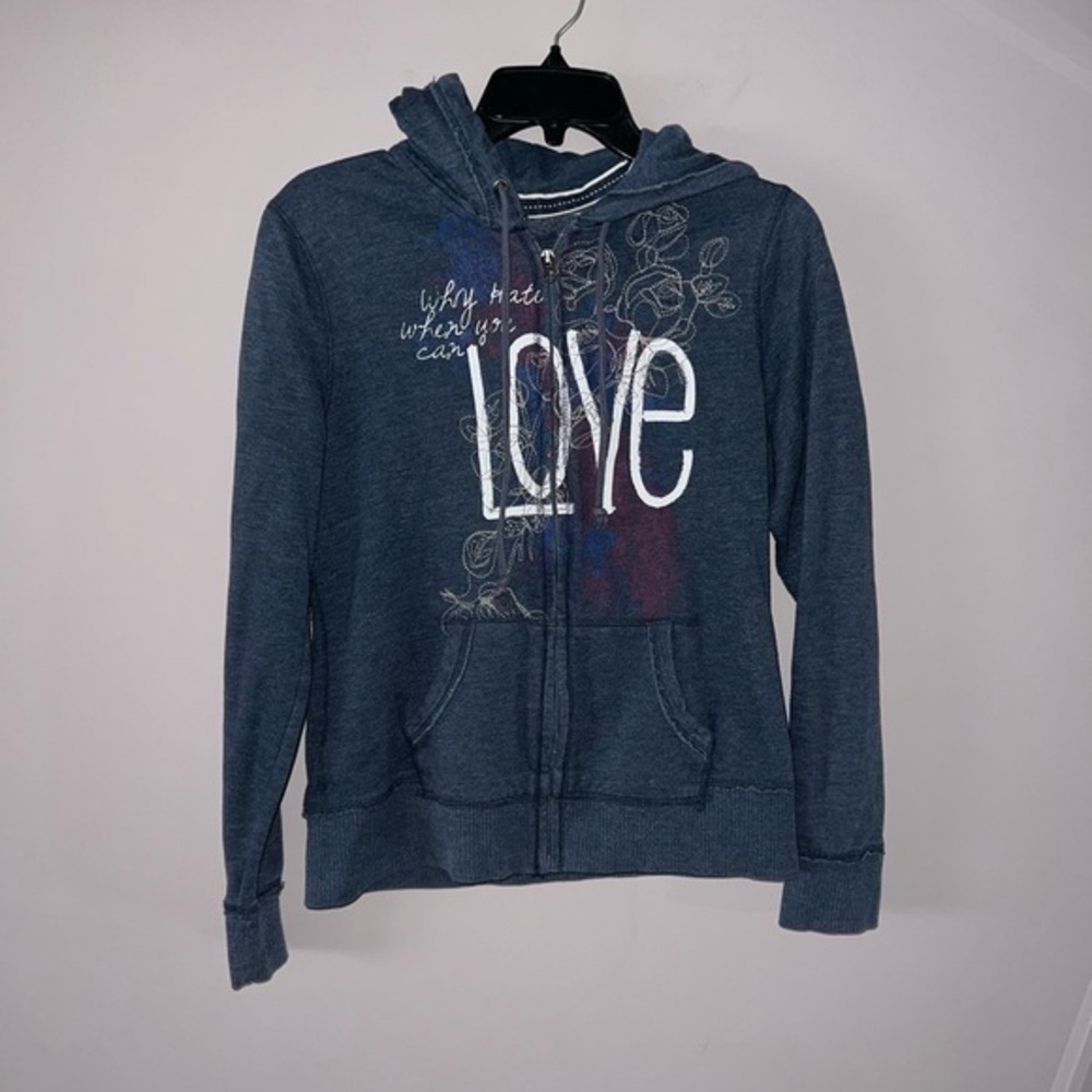 Blue and white hoodie zip up sweater SO kids XL “why hate when you can LOVE”